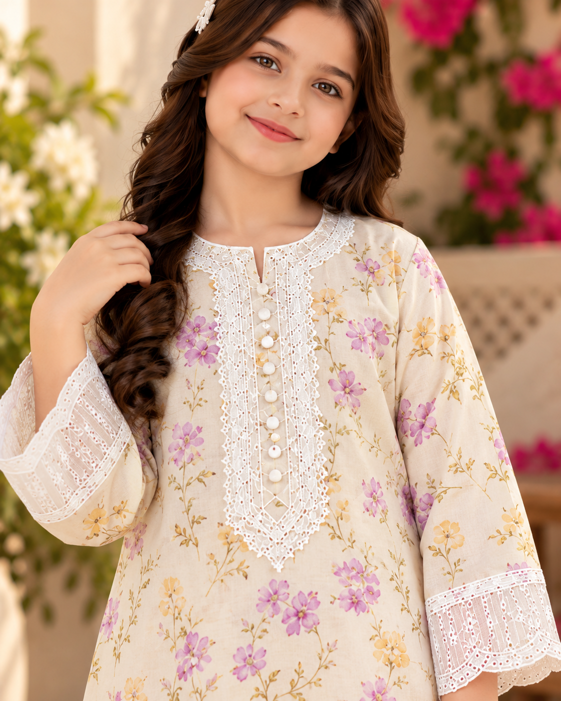 Yasmin — Girls’ Ivory & Lilac Floral 2-Piece Suit