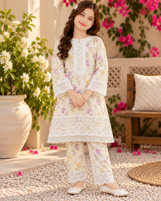 Yasmin — Girls’ Ivory & Lilac Floral 2-Piece Suit