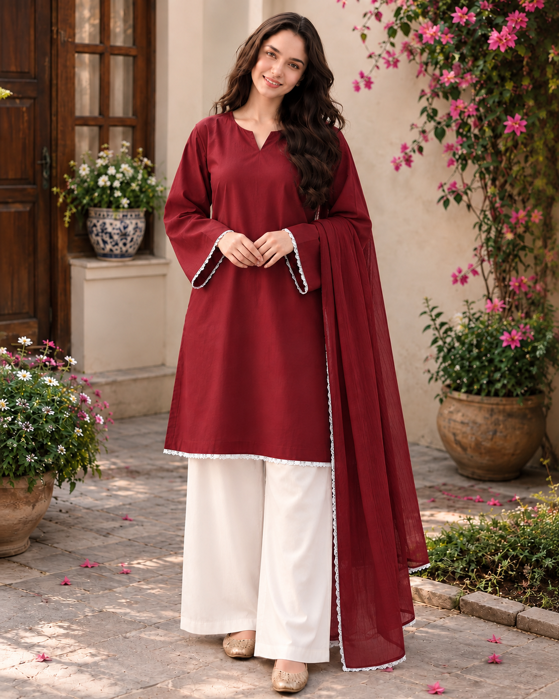 Wine & White Palazzo Suit, Ready to Wear