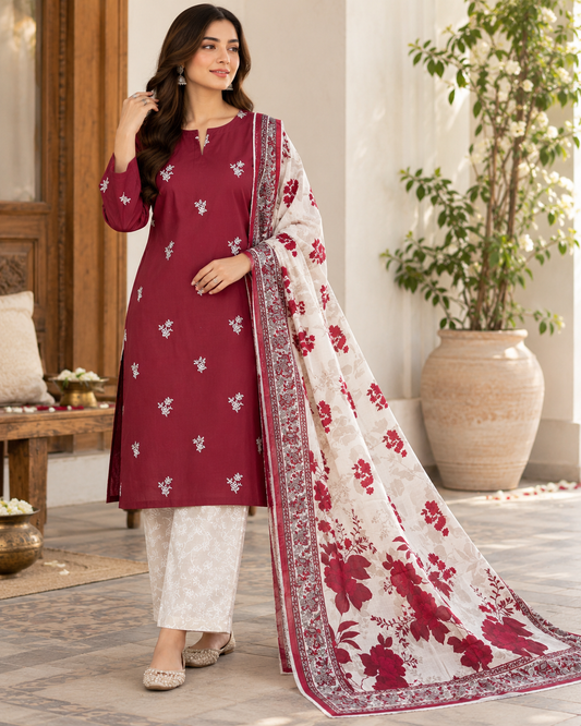 Ivory Bloom – 3-Piece Embroidered Lawn Suit